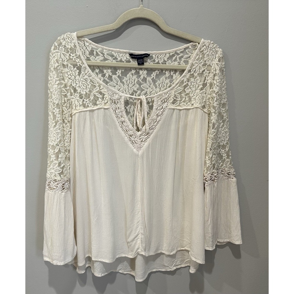 American Eagle Size Small Ivory Lace Crochet Long Sleeve Boho Peasant Blouse Top